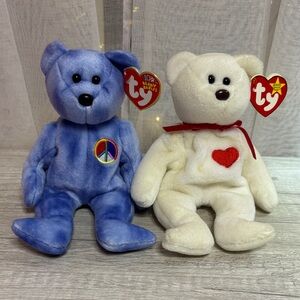 Ty Beanie Babies Blue Peace Bear and White Love Bear